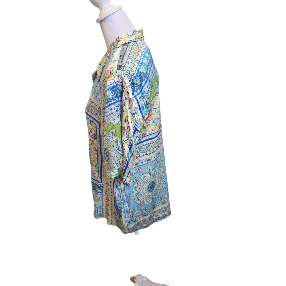 Zara Floral Paisley Print Satin Tie Waist Blouse Blue Yellow Large 3198/248 - Picture 3 of 9